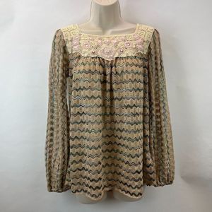 New Romantics Free People Sz XS Brown Striped Beaded Lace Sheer Blouse